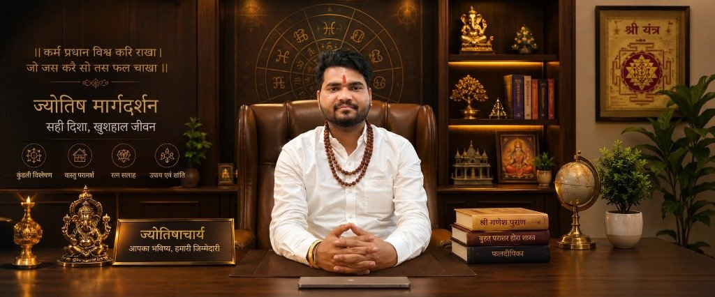 Acharya Chandan Bhargav seated in his study with Vedic astronomical instruments and ancient horoscope manuscripts